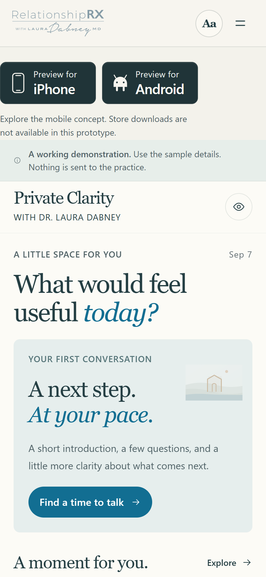 RelationshipRX app concept showing a private next-step dashboard
