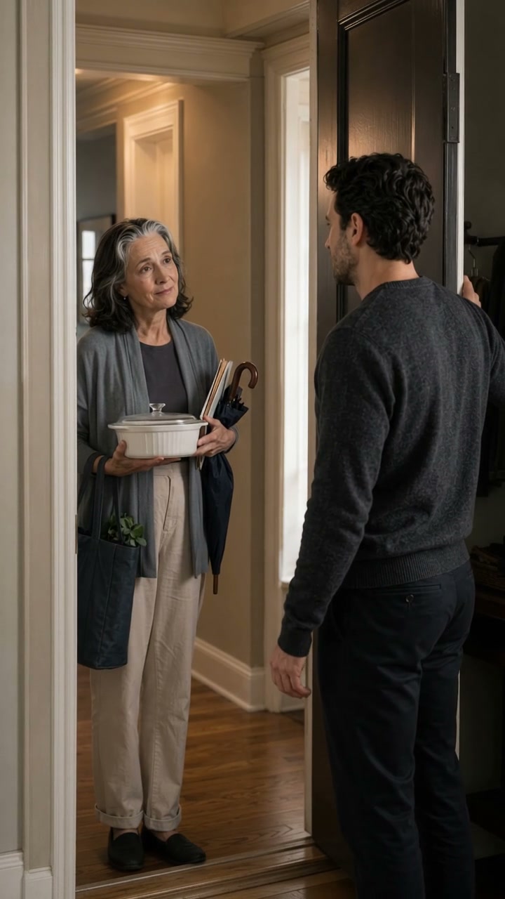 A mother and adult son meeting at a doorway